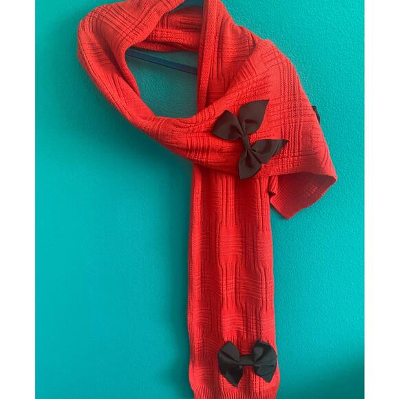 Kate Spade New York Bright Red 100% Wool Scarf Black Bow Accents - Picture 7 of 7